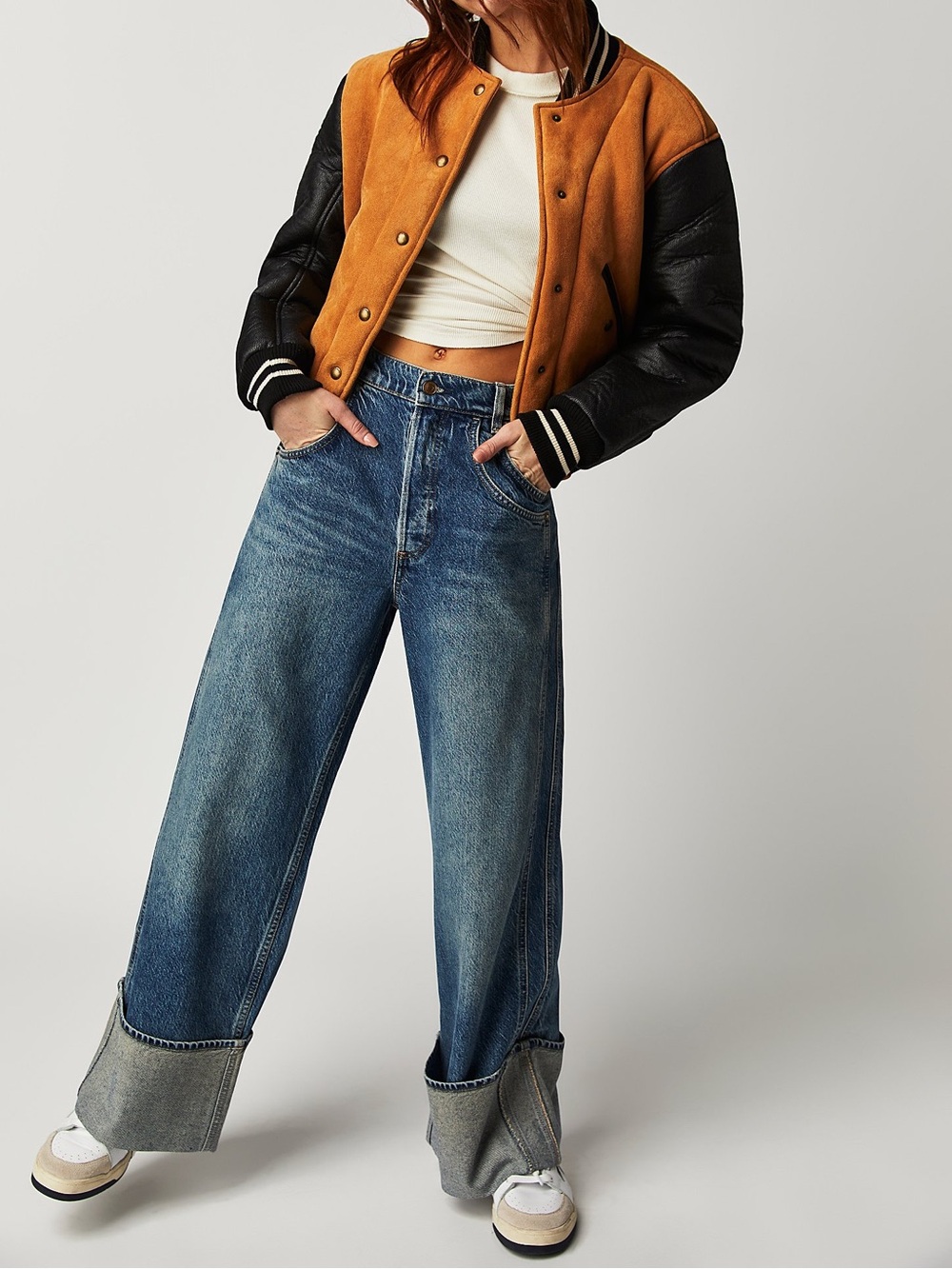 Free People We The Free Final Countdown Cuffed Wide Leg Slouchy Jeans Blue 30